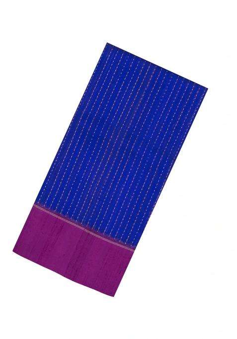 Blue Woven Dupion Silk Saree With Dotted Stripes Contrast Border With Checks And Stripes Design For Women