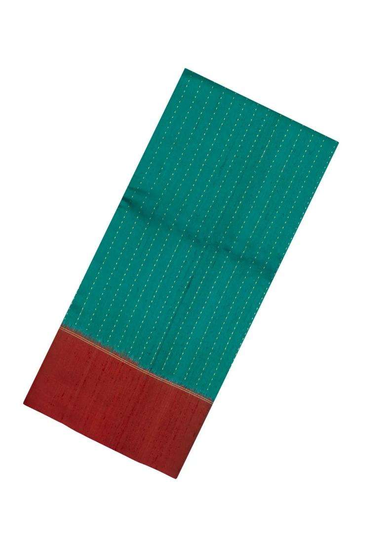 Aquamarine Woven Dupion Silk Saree With Dotted Stripes Contrast Border With Checks And Stripes Design For Women - Indya