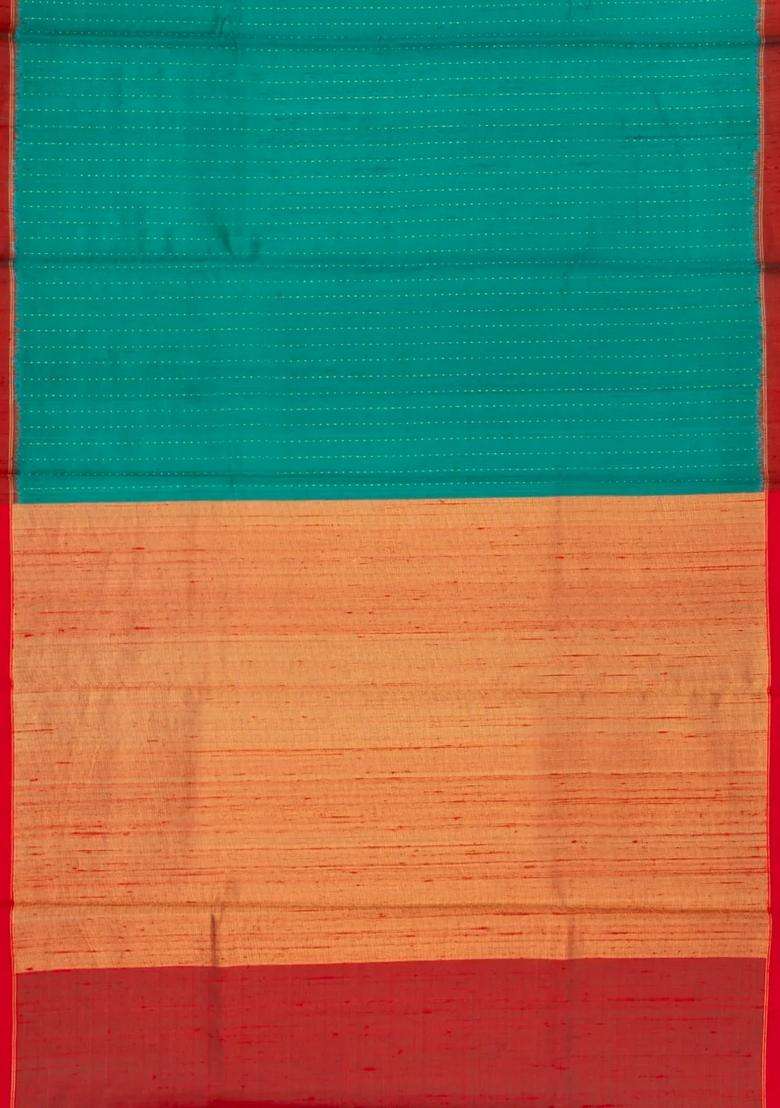 Aquamarine Woven Dupion Silk Saree With Dotted Stripes Contrast Border With Checks And Stripes Design For Women - Indya