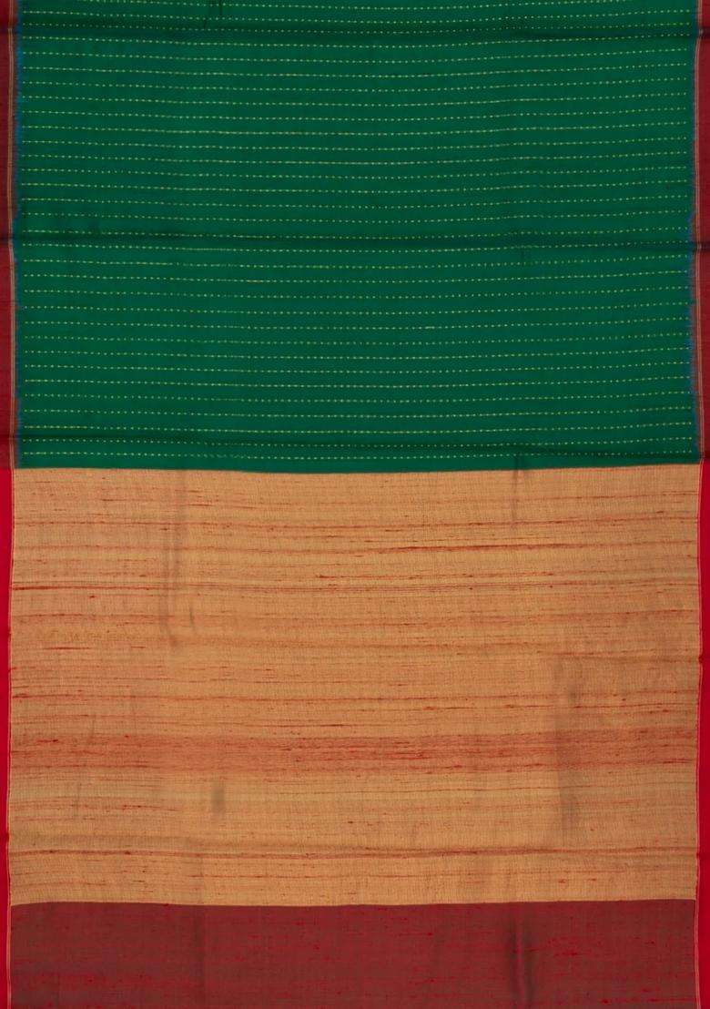 Green Woven Dupion Silk Saree With Dotted Stripes Contrast Border With Checks And Stripes Design For Women - Indya