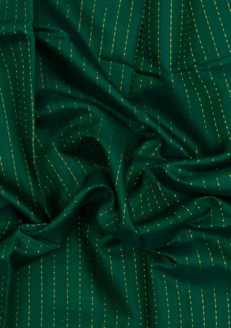Green Woven Dupion Silk Saree With Dotted Stripes Contrast Border With Checks And Stripes Design For Women - Indya