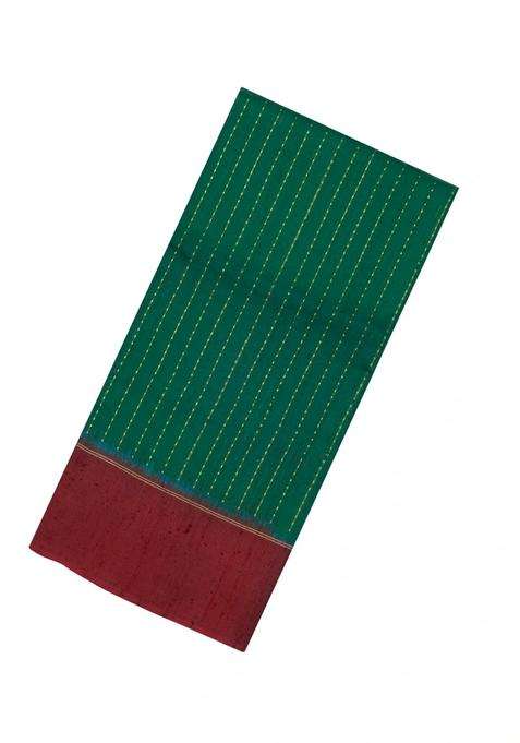 Green Woven Dupion Silk Saree With Dotted Stripes Contrast Border With Checks And Stripes Design For Women