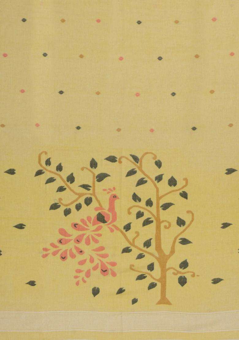 Cream Handloom Bengal Cotton Saree With Meena Buttas With Buttas And Brocade Design For Women - Indya