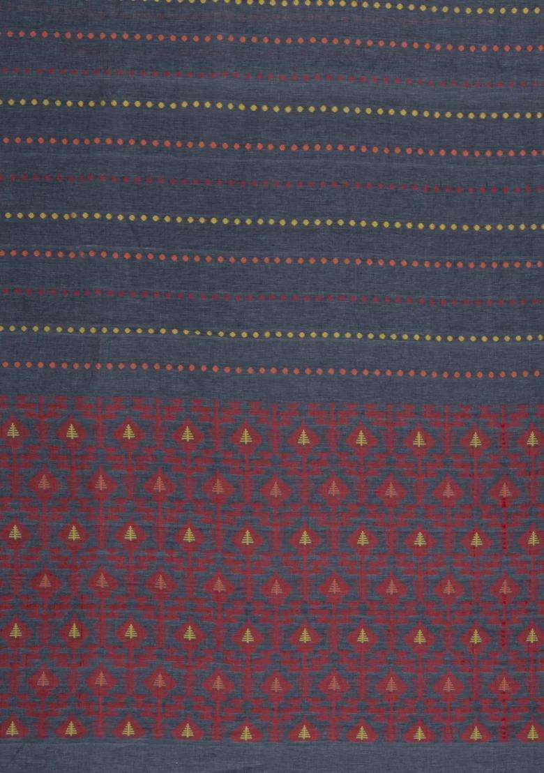Grey Handloom Bengal Cotton Saree With Floral Motifs With Buttas And Brocade Design For Women - Indya