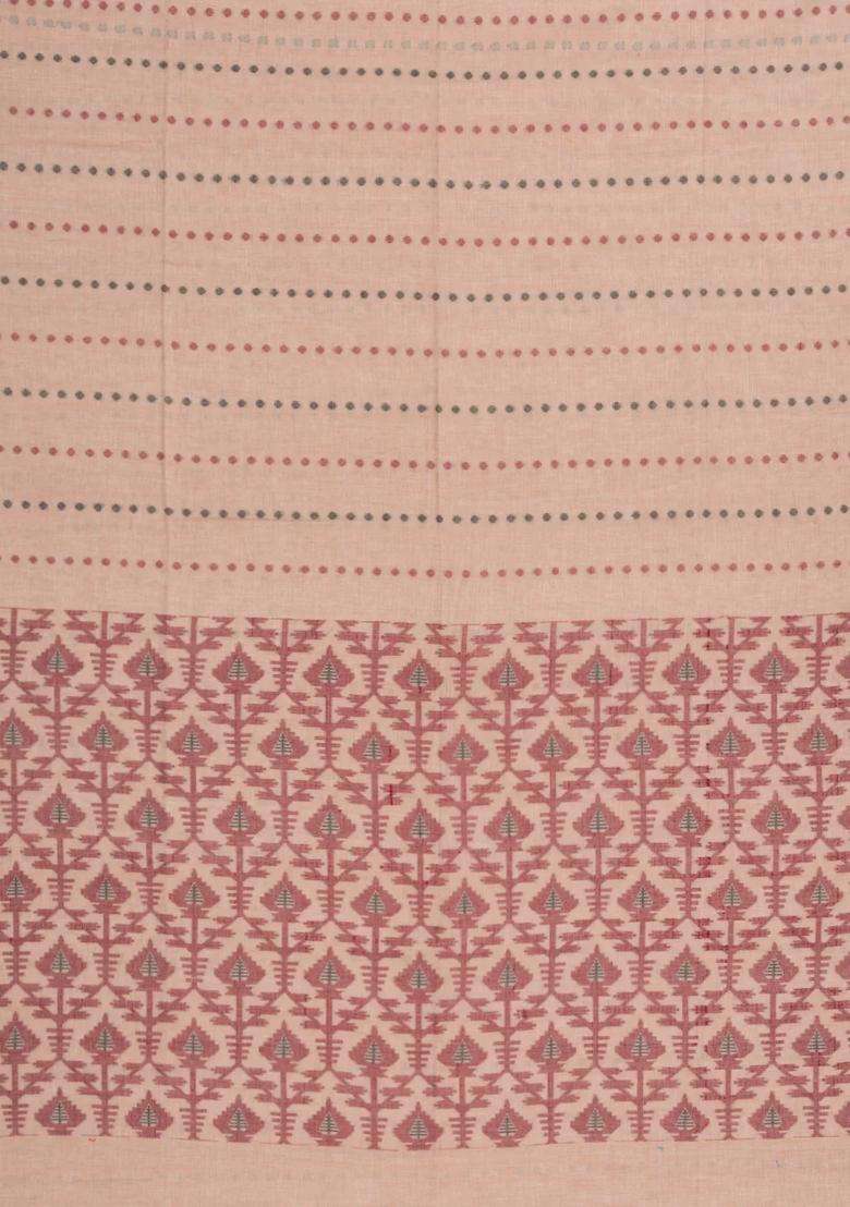 Taupe Handloom Bengal Cotton Saree With Floral Motifs With Buttas And Brocade Design For Women - Indya