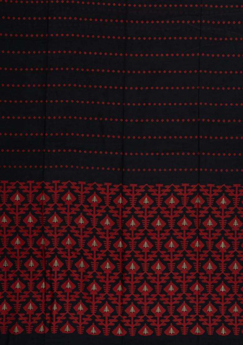 Black Handloom Bengal Cotton Saree With Floral Motifs With Buttas And Brocade Design For Women - Indya