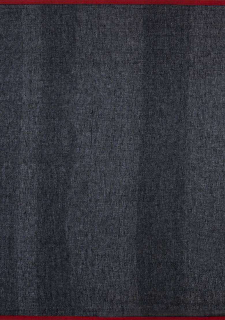 Black Handloom Bengal Cotton Saree With Floral Motifs With Buttas And Brocade Design For Women - Indya