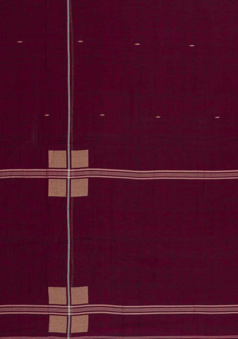 Maroon Handloom Bengal Cotton Saree With Buttas Contrast Border With Buttas And Brocade Design For Women - Indya