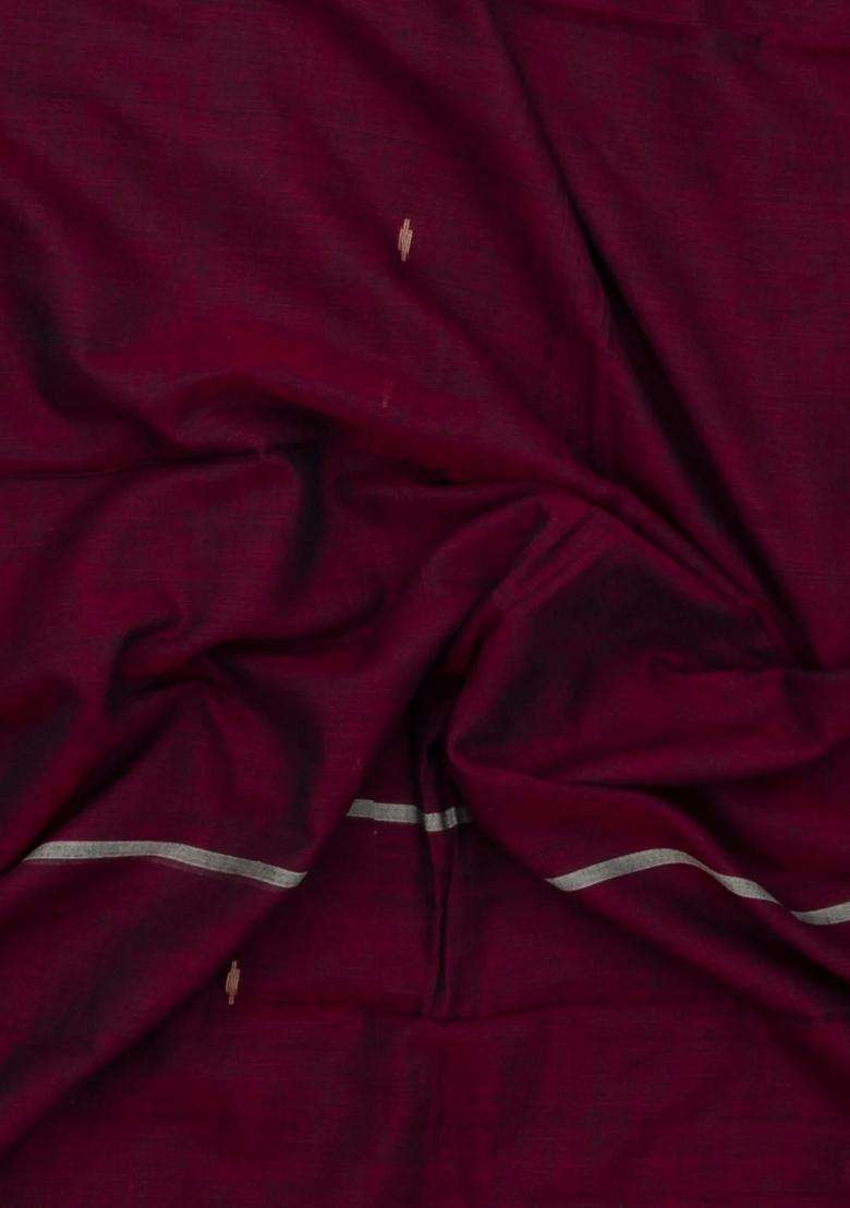 Maroon Handloom Bengal Cotton Saree With Buttas Contrast Border With Buttas And Brocade Design For Women - Indya