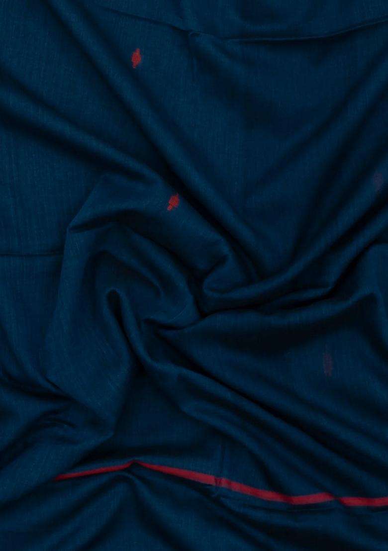 Teal Handloom Bengal Cotton Saree With Buttas Contrast Border With Buttas And Brocade Design For Women - Indya