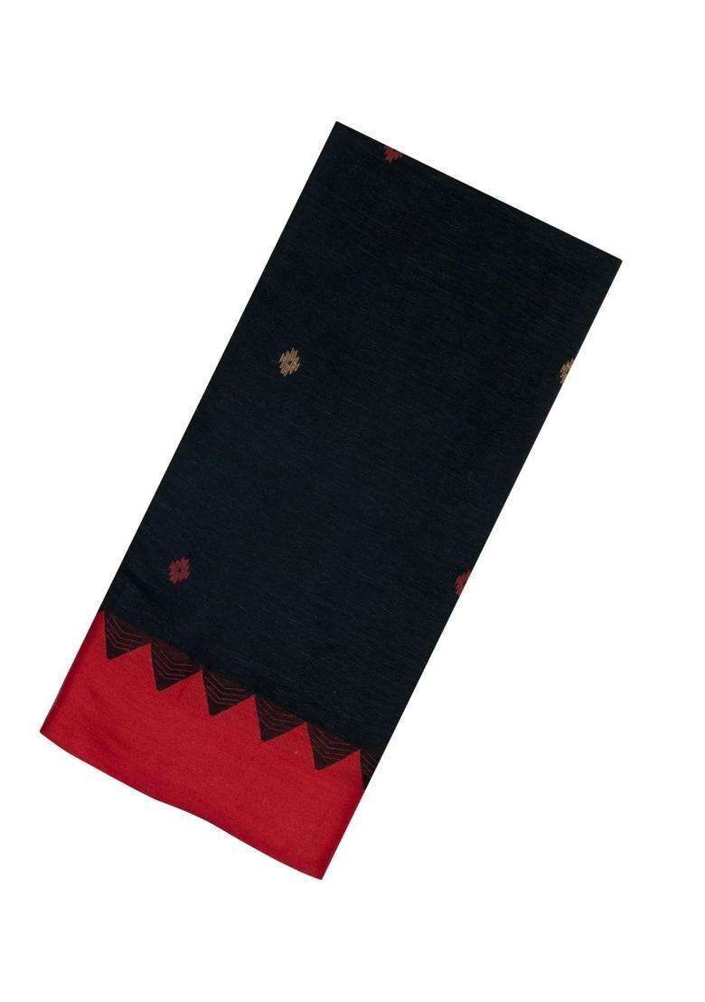 Black Handloom Bengal Cotton Saree With Buttas Temple Border With Korvai And Temple Border Design For Women - Indya