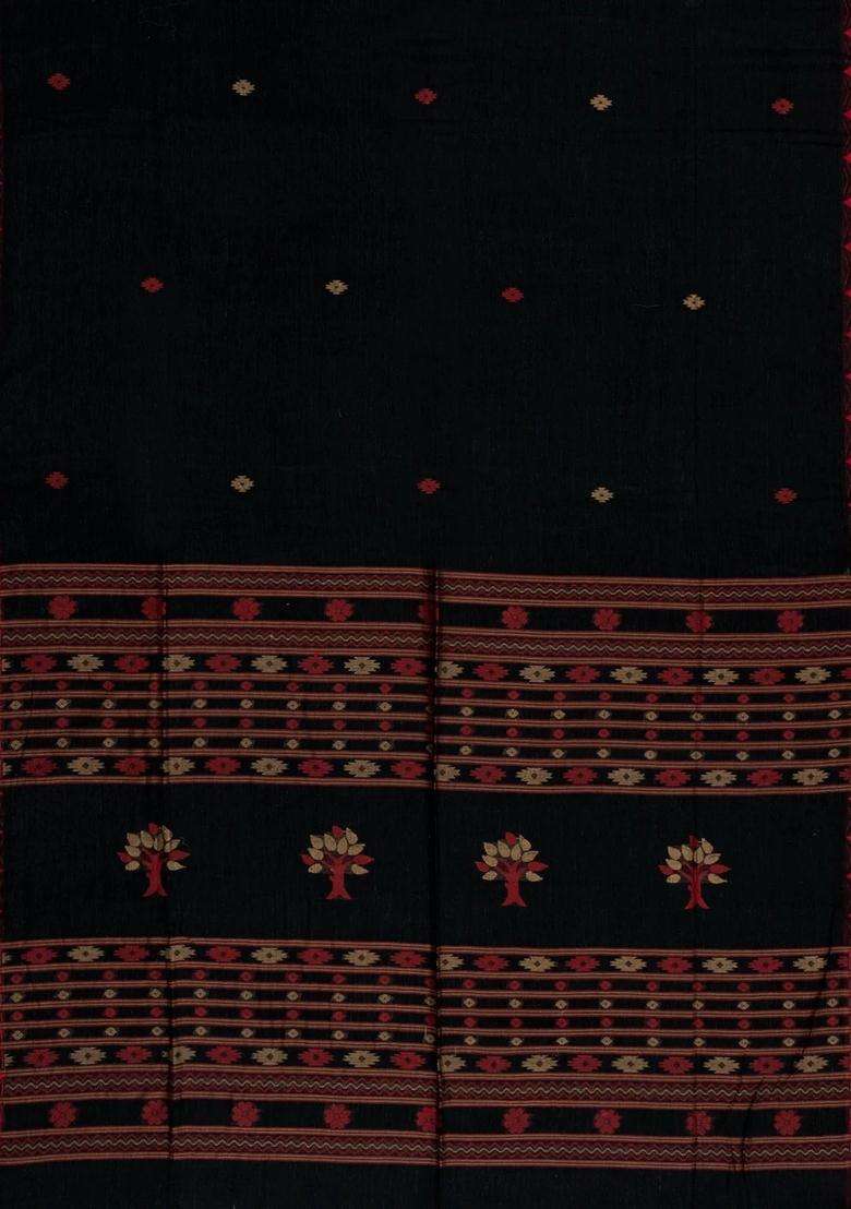 Black Handloom Bengal Cotton Saree With Buttas Temple Border With Korvai And Temple Border Design For Women - Indya