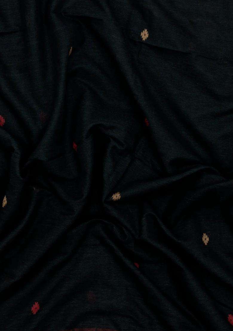 Black Handloom Bengal Cotton Saree With Buttas Temple Border With Korvai And Temple Border Design For Women - Indya