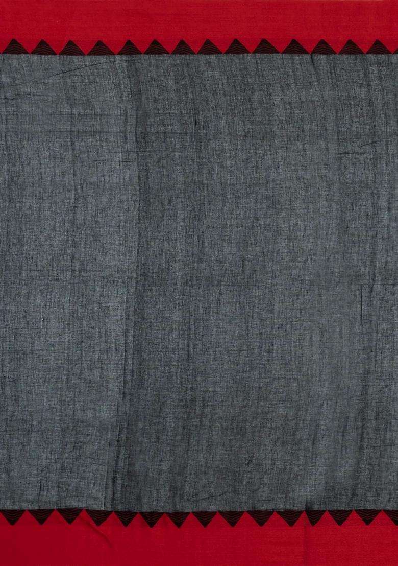 Black Handloom Bengal Cotton Saree With Buttas Temple Border With Korvai And Temple Border Design For Women - Indya