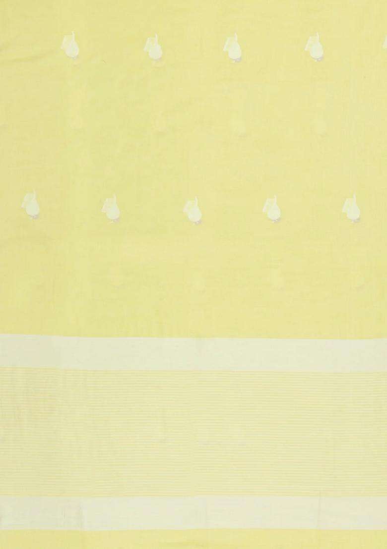 Yellow Handloom Bengal Cotton Saree With Bird Buttas With Buttas And Brocade Design For Women - Indya