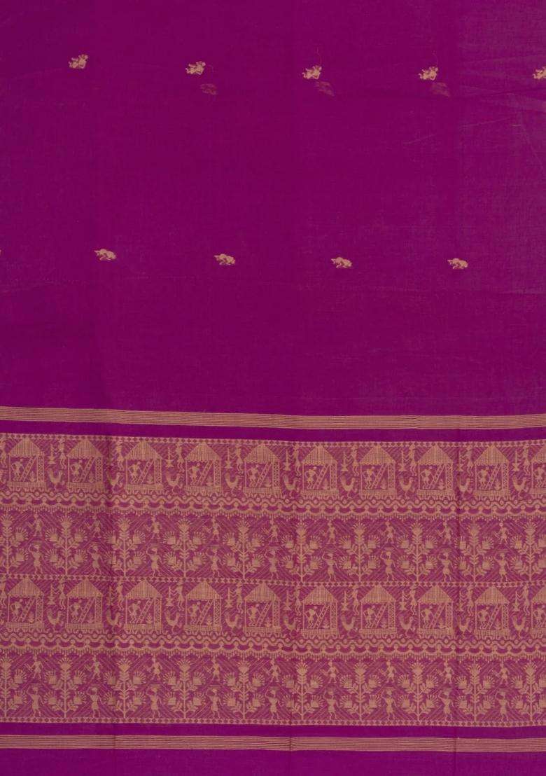 Magenta Handloom Bengal Cotton Saree With Tribal Buttas With Buttas And Brocade Design For Women - Indya