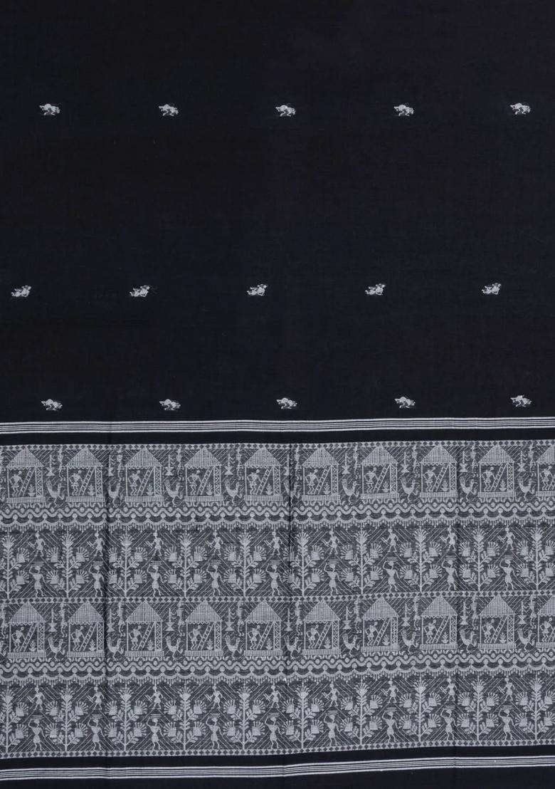 Black Handloom Bengal Cotton Saree With Tribal Buttas With Buttas And Brocade Design For Women - Indya