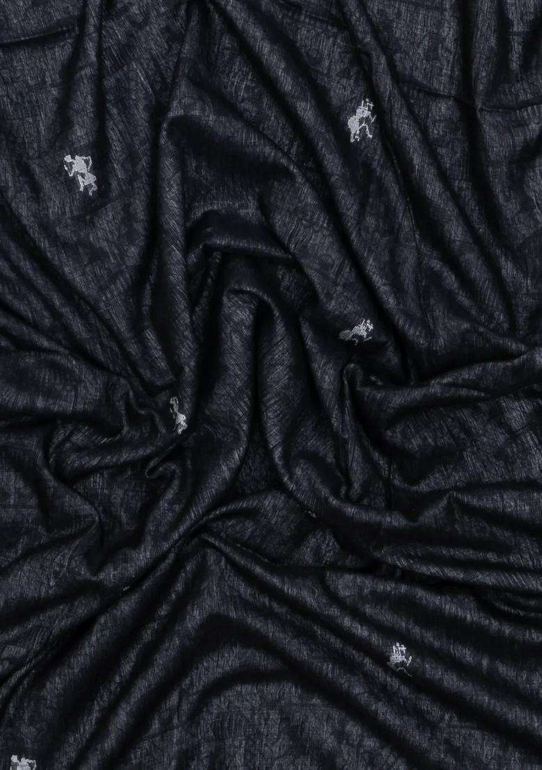 Black Handloom Bengal Cotton Saree With Tribal Buttas With Buttas And Brocade Design For Women - Indya