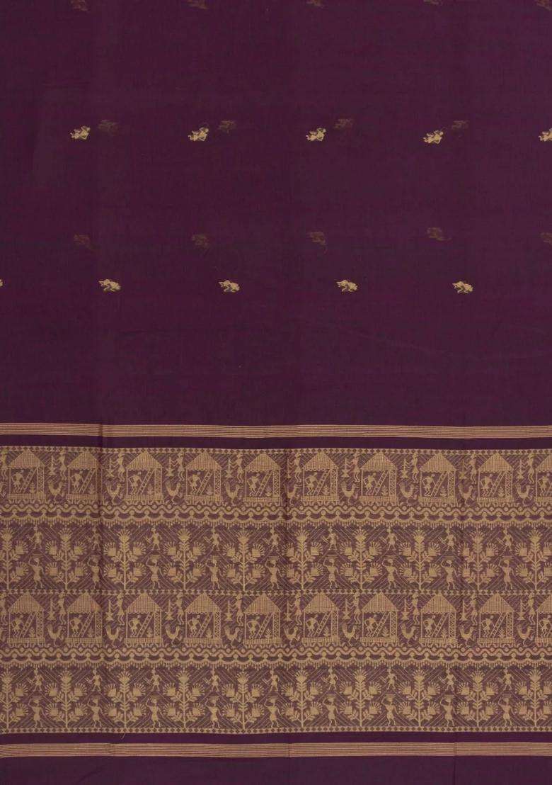 Brown Handloom Bengal Cotton Saree With Tribal Buttas With Buttas And Brocade Design For Women - Indya