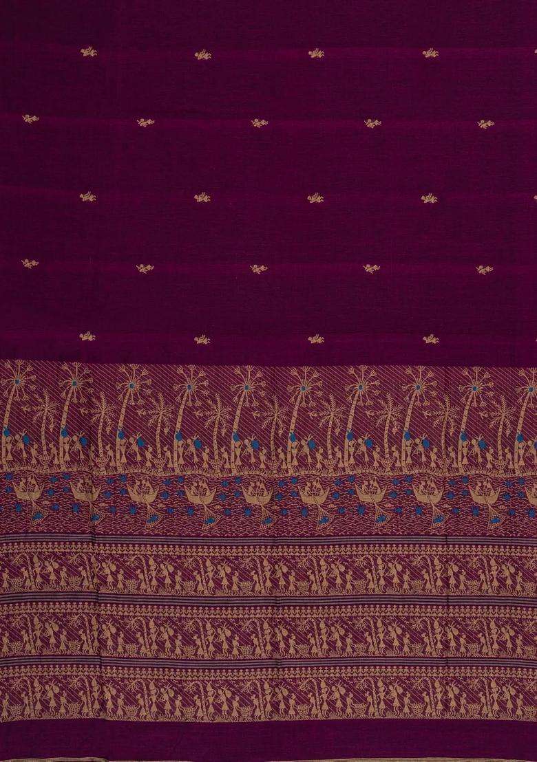 Maroon Handloom Bengal Cotton Saree With Tribal Motifs With Buttas And Brocade Design For Women - Indya