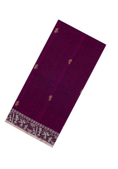Maroon Handloom Bengal Cotton Saree With Tribal Motifs With Buttas And Brocade Design For Women