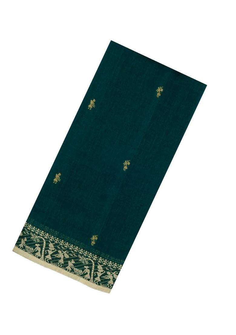Bottle Green Handloom Bengal Cotton Saree With Tribal Motifs With Buttas And Brocade Design For Women - Indya