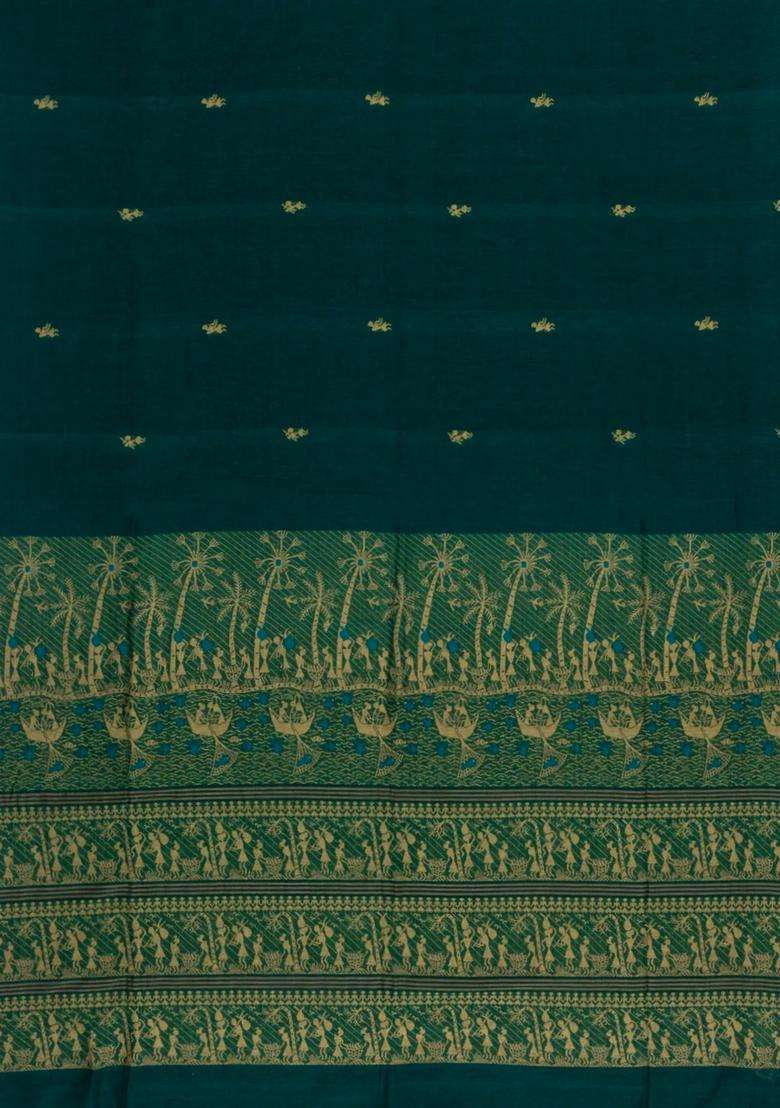 Bottle Green Handloom Bengal Cotton Saree With Tribal Motifs With Buttas And Brocade Design For Women - Indya