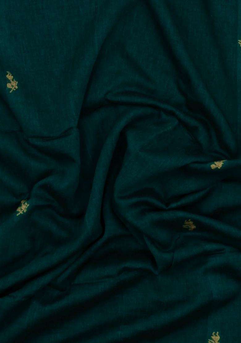 Bottle Green Handloom Bengal Cotton Saree With Tribal Motifs With Buttas And Brocade Design For Women - Indya
