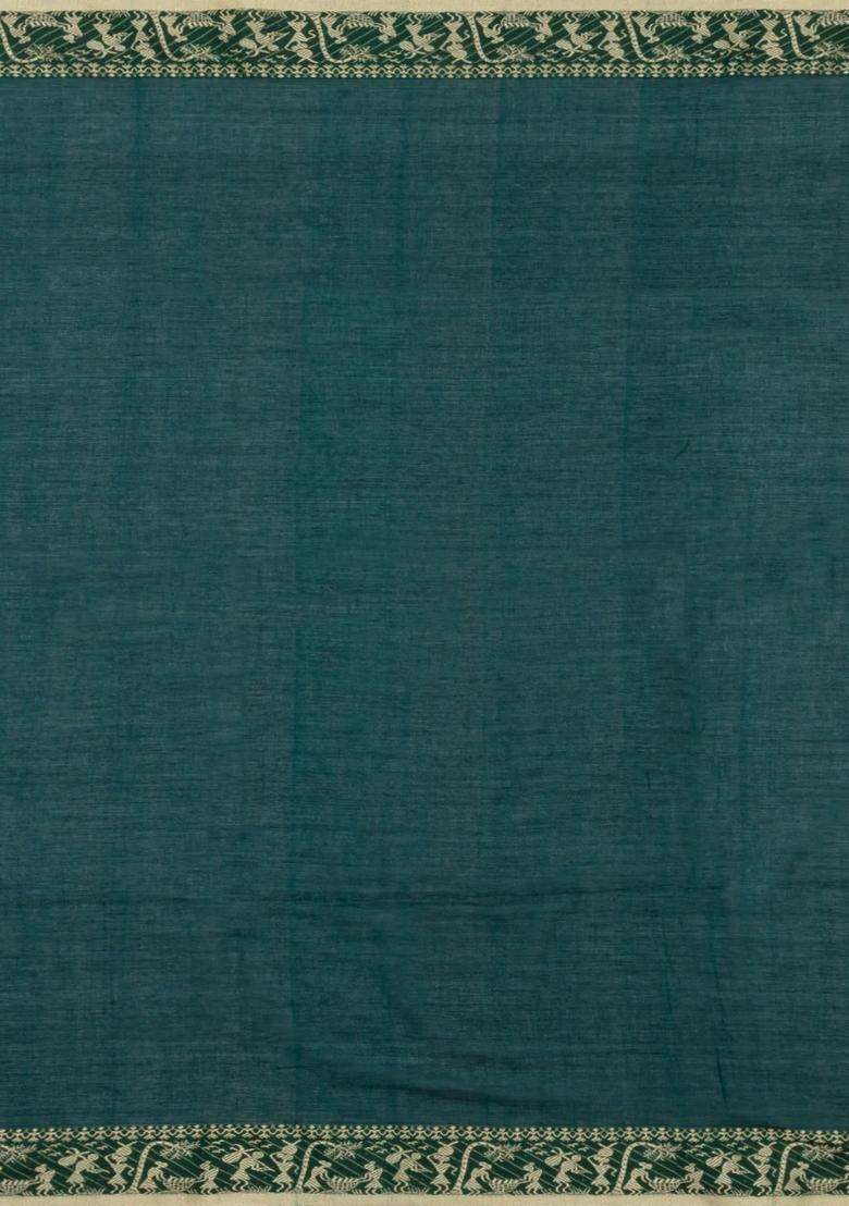 Bottle Green Handloom Bengal Cotton Saree With Tribal Motifs With Buttas And Brocade Design For Women - Indya
