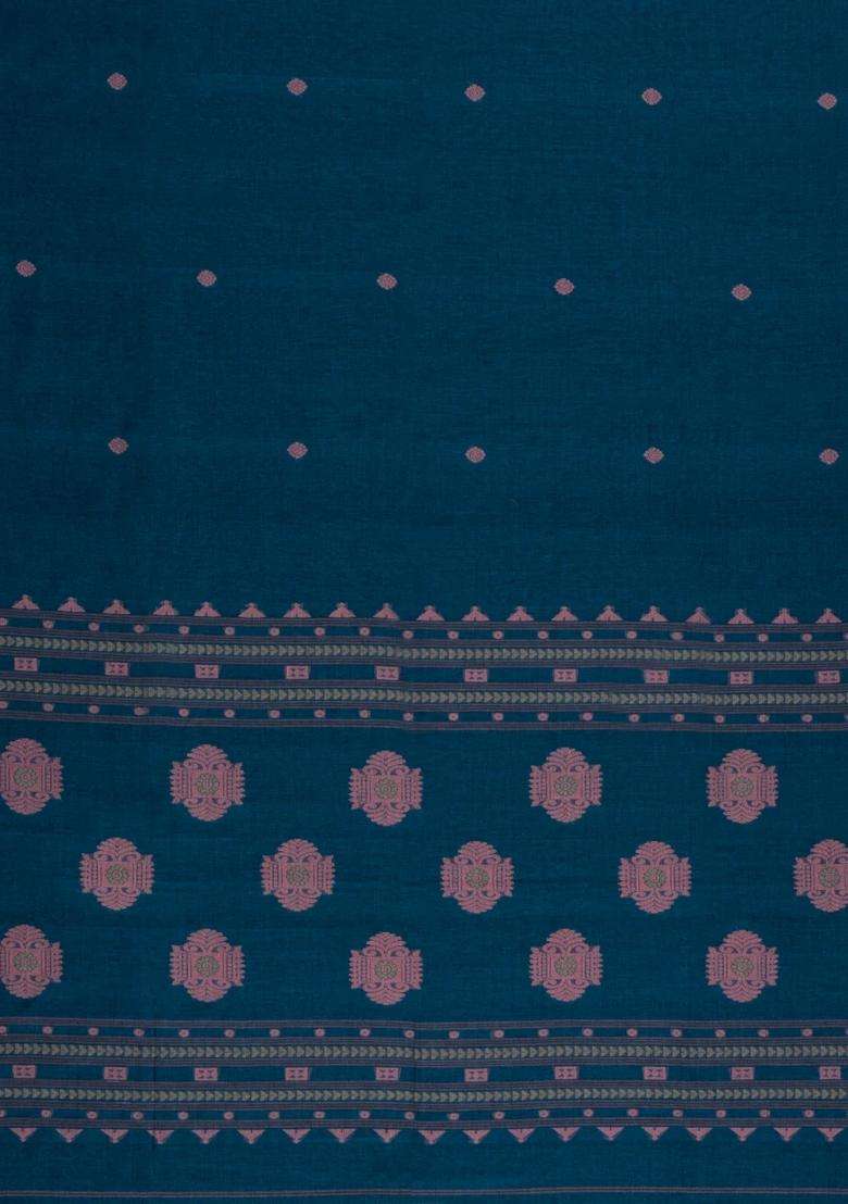 Teal Handloom Bengal Cotton Saree With Floral Motifs With Buttas And Brocade Design For Women - Indya