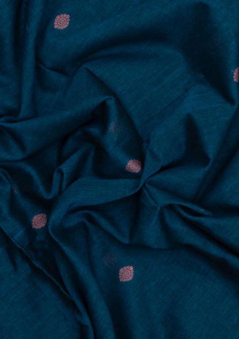 Teal Handloom Bengal Cotton Saree With Floral Motifs With Buttas And Brocade Design For Women - Indya