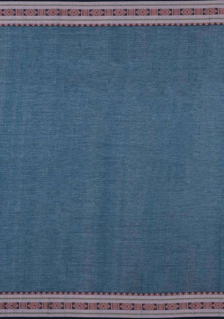Teal Handloom Bengal Cotton Saree With Floral Motifs With Buttas And Brocade Design For Women - Indya