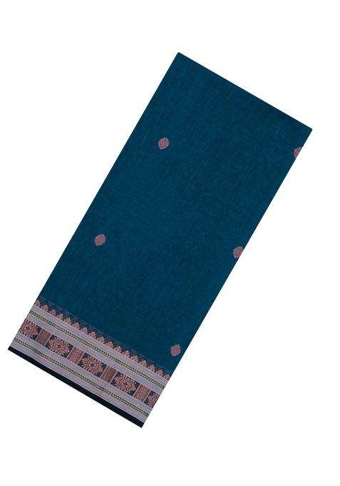 Teal Handloom Bengal Cotton Saree With Floral Motifs With Buttas And Brocade Design For Women