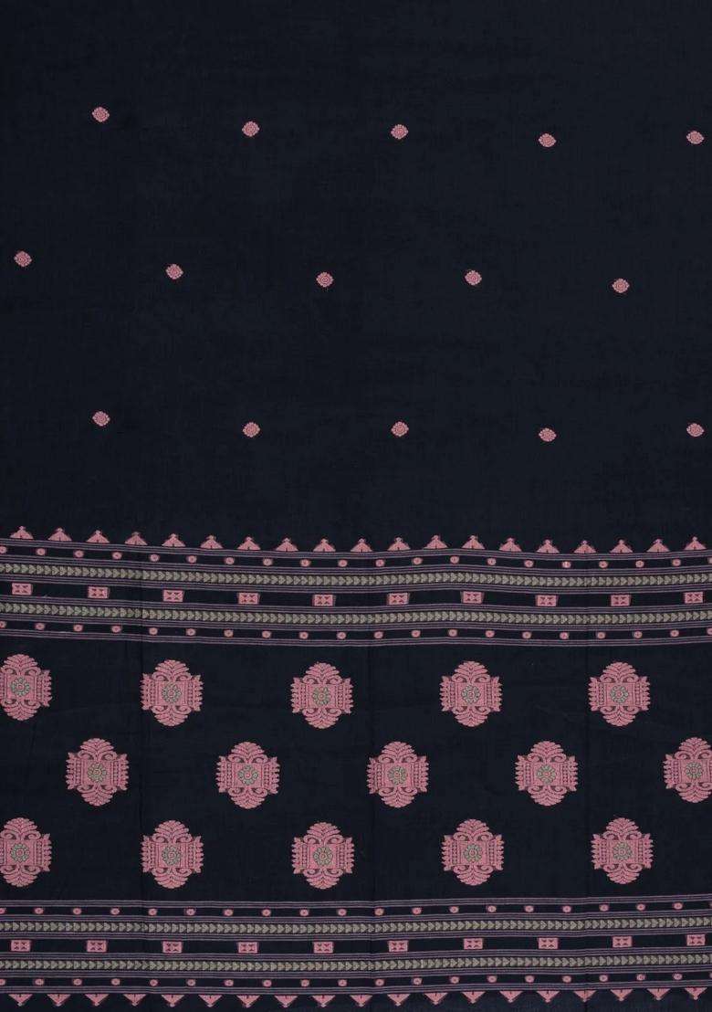 Black Handloom Bengal Cotton Saree With Floral Motifs With Buttas And Brocade Design For Women - Indya