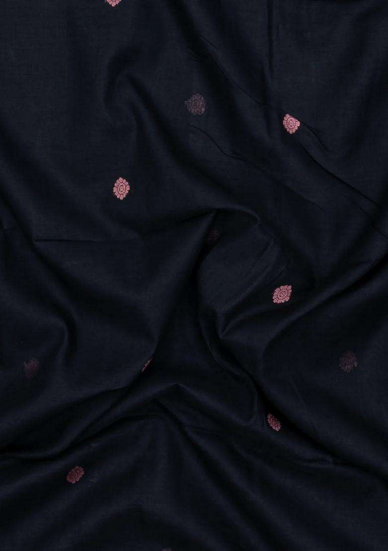 Black Handloom Bengal Cotton Saree With Floral Motifs With Buttas And Brocade Design For Women - Indya