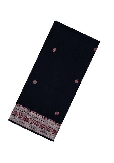 Black Handloom Bengal Cotton Saree With Floral Motifs With Buttas And Brocade Design For Women