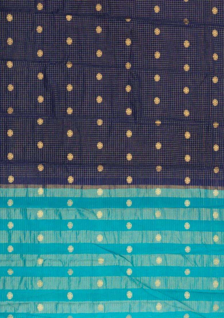 Navy Blue Woven Blended Viscose Art Silk Saree With Zari Checks Buttas With Buttas And Brocade Design For Women - Indya