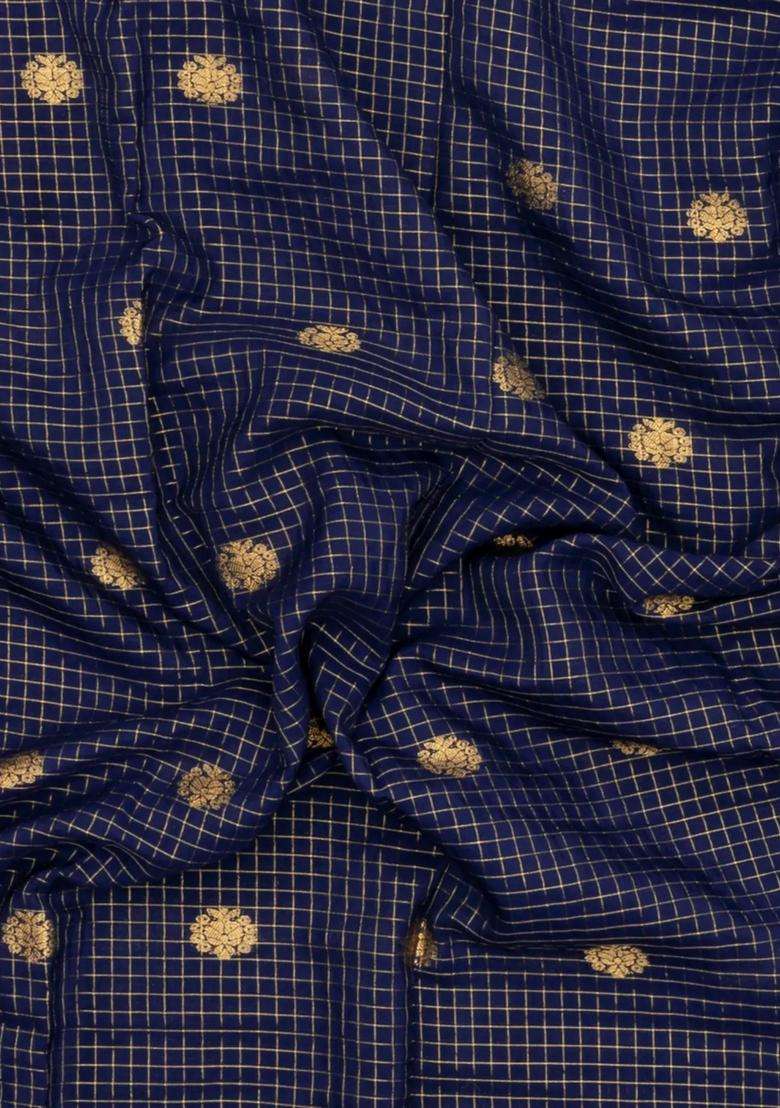 Navy Blue Woven Blended Viscose Art Silk Saree With Zari Checks Buttas With Buttas And Brocade Design For Women - Indya