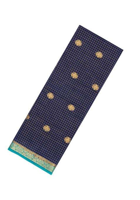 Navy Blue Woven Blended Viscose Art Silk Saree With Zari Checks Buttas With Buttas And Brocade Design For Women