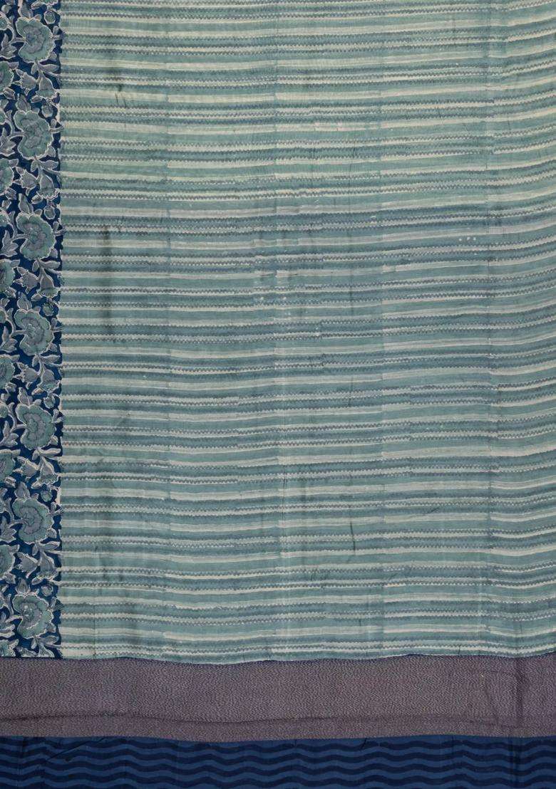 Shadow Green Printed Chanderi Cotton Saree With Zari Border For Women - Indya