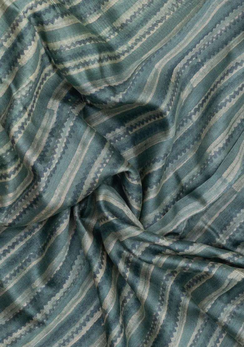 Shadow Green Printed Chanderi Cotton Saree With Zari Border For Women - Indya
