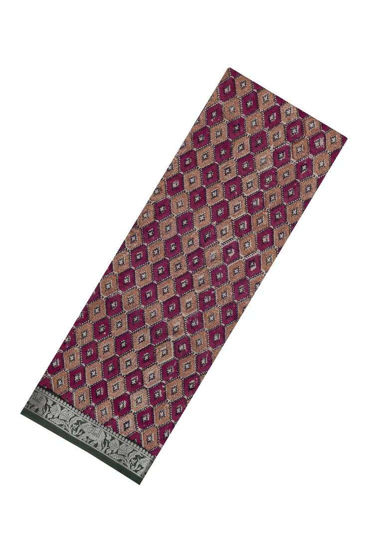 Beige Magenta Printed Chanderi Cotton Saree With Zari Border For Women - Indya