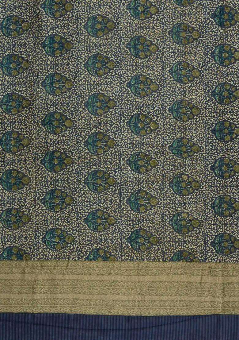 Green Printed Chanderi Cotton Saree With Zari Border For Women - Indya