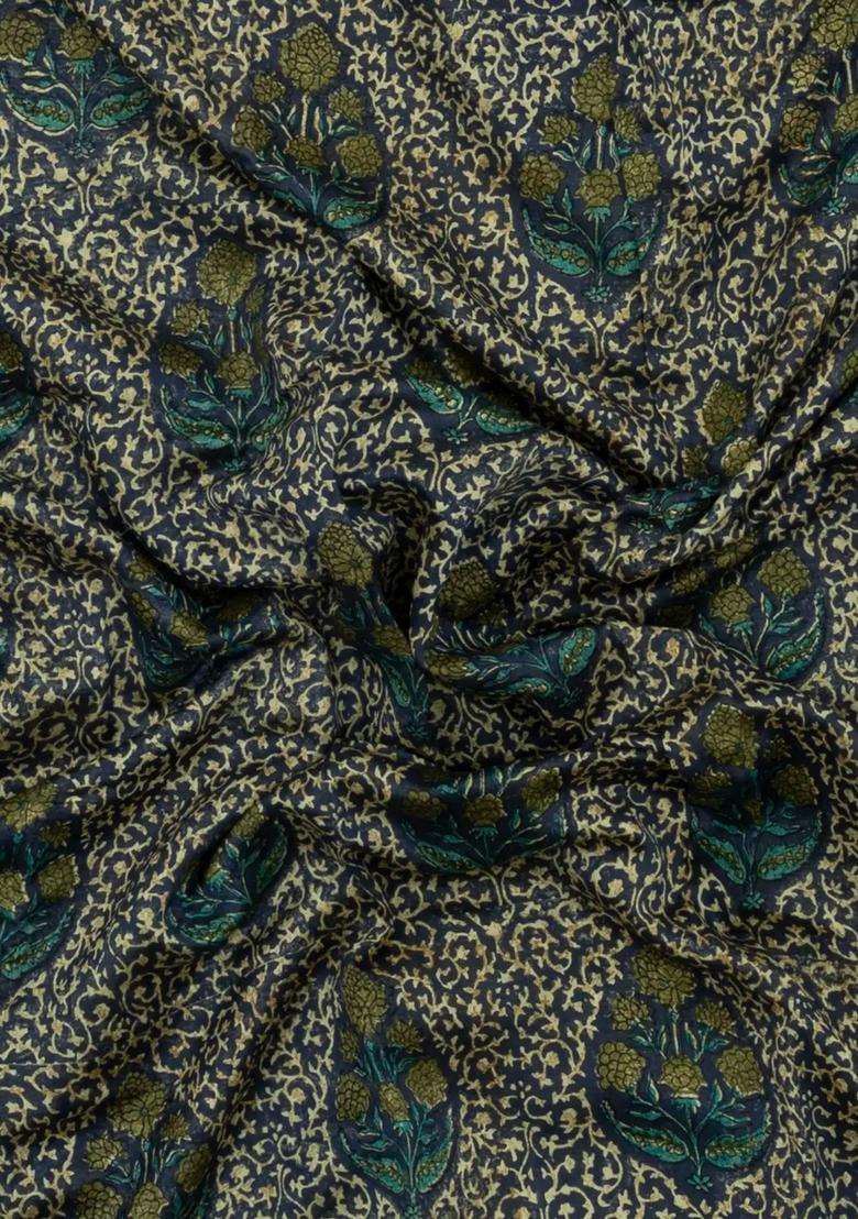 Green Printed Chanderi Cotton Saree With Zari Border For Women - Indya