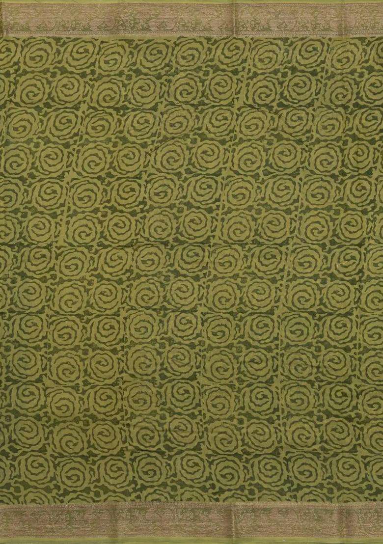 Green Printed Chanderi Cotton Saree With Zari Border For Women - Indya
