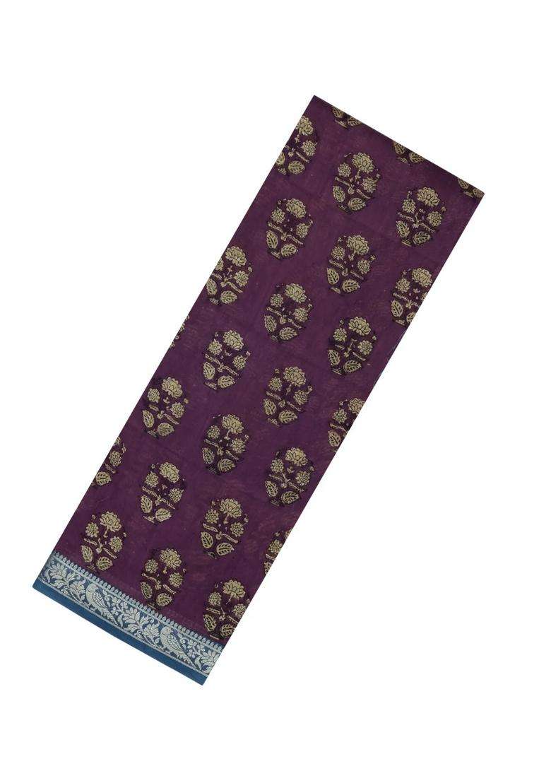 Burgundy Printed Chanderi Cotton Saree With Zari Border For Women - Indya