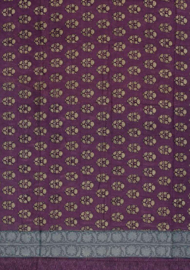 Burgundy Printed Chanderi Cotton Saree With Zari Border For Women - Indya