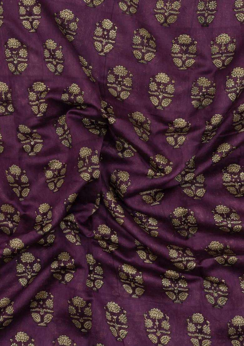 Burgundy Printed Chanderi Cotton Saree With Zari Border For Women - Indya