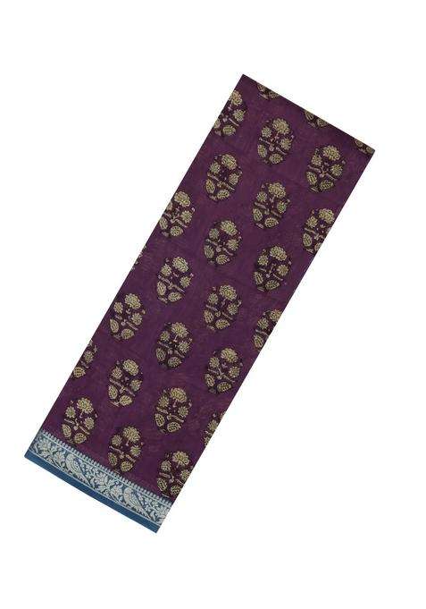 Burgundy Printed Chanderi Cotton Saree With Zari Border For Women