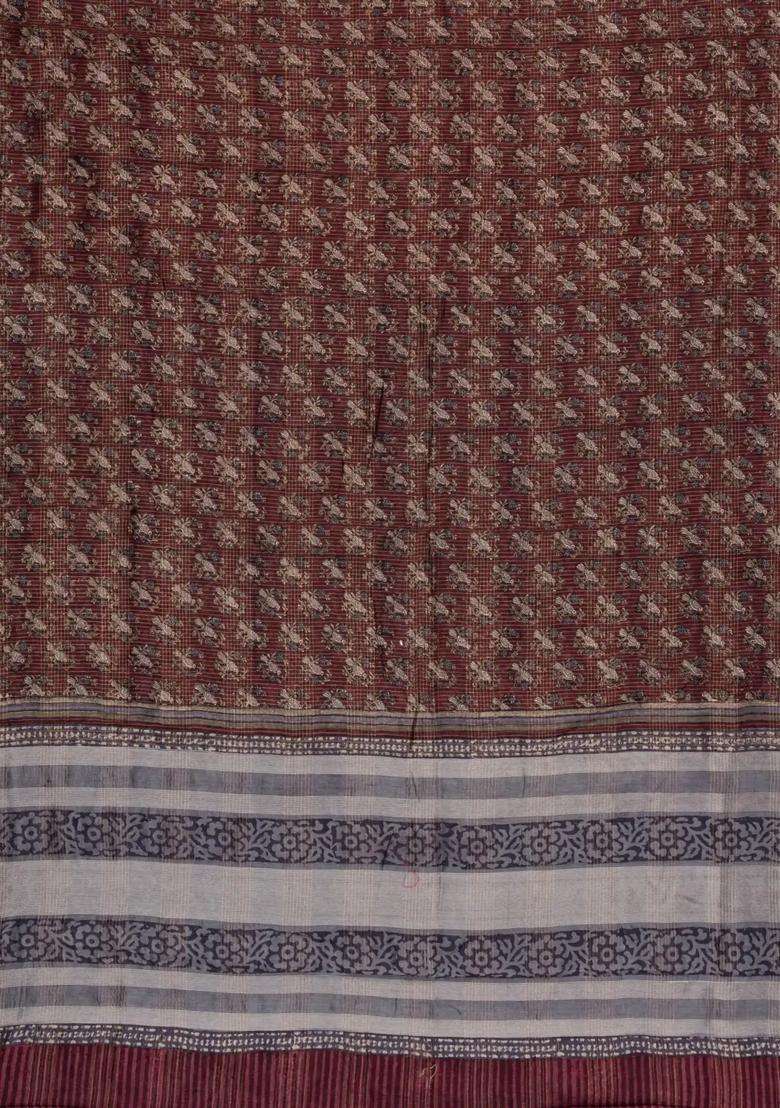 Maroon Printed Chanderi Cotton Saree With Bird Motifs For Women - Indya